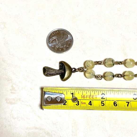 Natural Yellow Green Prehnite Necklace, Bronze Slim Mushroom + Genuine Gemstone - Picture 14 of 16